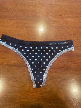 Vintage Victoria's Secret Black white Polka Dot Lace Bikini thong underwear Med